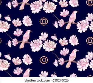 Floral seamless pattern with bird and flower. Blossom peach or cherry tree.