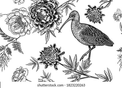 Floral seamless pattern. Bird and garden flowers with branches and leaves. Black graphics on a white background. Ibis, peonies, chrysanthemums, jasmine, roses. Vector illustration. Vintage engraving.