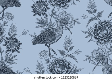 Floral seamless pattern. Bird and garden flowers with branches and leaves. Black print on a blue background. Ibis, peonies, chrysanthemums, jasmine and roses. Vector illustration. Vintage engraving.