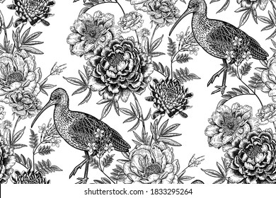 Floral seamless pattern. Bird and garden flowers with branches and leaves. Black graphics on a white background. Ibis, peonies, chrysanthemums, jasmine, roses. Vector illustration. Vintage engraving.