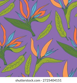 Nahtloses Blumenmuster mit handgezeichneten Blumen und grünen Blättern auf violettem Hintergrund. Helle Sommer exotische Textur für Verpackungen, Textilien, Badebekleidung, Sommer-Branding etc.