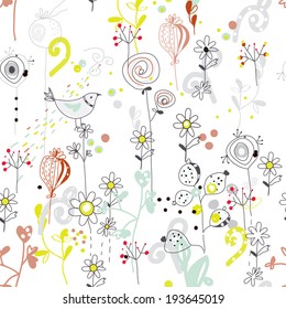 Floral seamless pattern with bird sketch design 