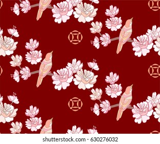 Floral seamless pattern with bird and spring pink flower. Blossom peach or cherry tree.