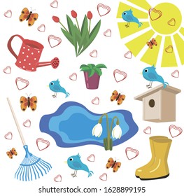 floral seamless pattern with bird and watering can