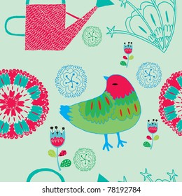 floral seamless pattern with bird and watering can