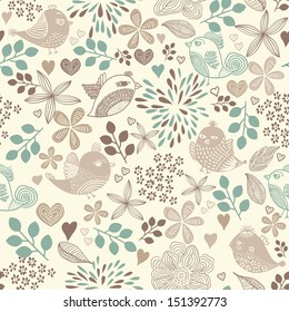 Floral seamless pattern with birds