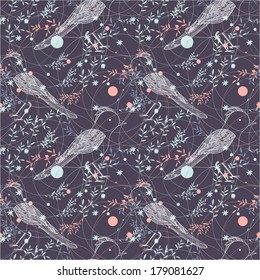 Floral seamless pattern with birds