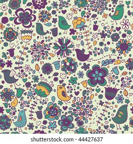 Floral seamless pattern with birds