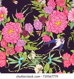 Floral seamless pattern with birds