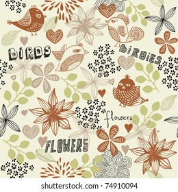floral seamless pattern with birds