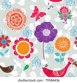 floral seamless pattern with birds
