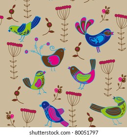 floral seamless pattern with birds