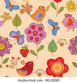 floral seamless pattern with birds