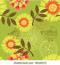 floral seamless pattern with birds