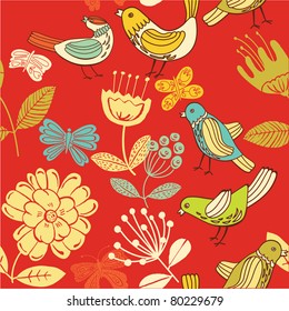 floral seamless pattern with birds