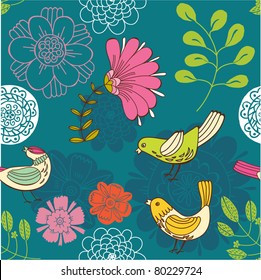 floral seamless pattern with birds