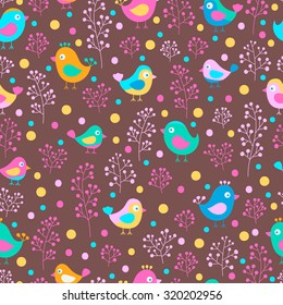 Floral seamless pattern with birds and berries. Hand drawn plants. Vector backdrop for kids. Colorful elements on brawn background.