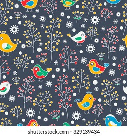 Floral seamless pattern with birds and berries. Hand drawn objects and plants. Vector pattern for kids. Colorful elements on black background.