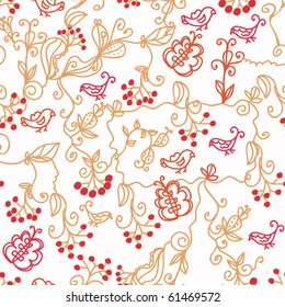 Floral seamless pattern with birds, branches and butterflies