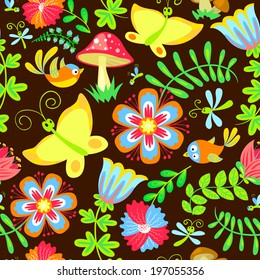 Floral seamless pattern with birds and butterfly
