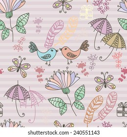 floral seamless pattern with birds and butterfly 