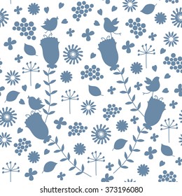 Floral seamless pattern with birds and and decorative elements. Surface textile design for woman clothes and swimwear.
Vector illustration.