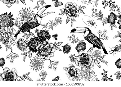 Floral seamless pattern. Birds and flowers. Branches with peonies, roses and toucans. Black-white vector illustration. Pattern for fabrics, textile, paper and wallpaper.