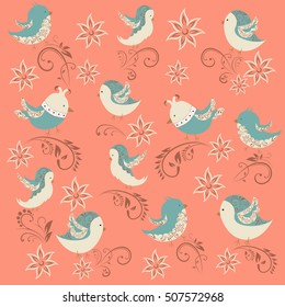 Floral seamless pattern with birds and flowers. Vector backdrop for kids. Colorful elements on an orange background.