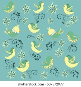 Floral seamless pattern with birds and flowers. Vector backdrop for kids. Colorful elements on a green background.