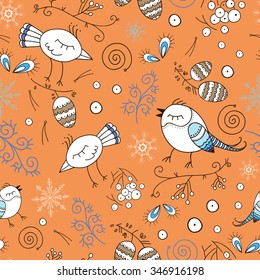 Floral seamless pattern with birds in the forest. Hand drawn birds and plants. Vector pattern for kids. Colorful orange background.