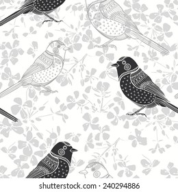 Floral seamless pattern with birds. Monochrome vector background.