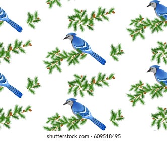 Floral seamless pattern with birds and pine tree branches.