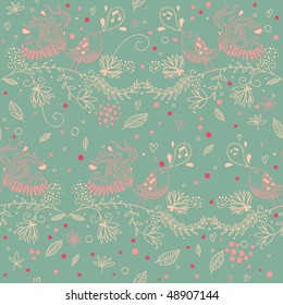 Floral seamless pattern with birds in retro style