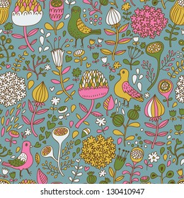 Floral seamless pattern with birds for stylish wallpapers in cartoon style