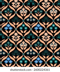 Floral seamless pattern with black background and peach, blue, and green accents, for textile, wallpaper, gift wrapping.