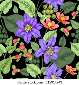 Floral seamless pattern in black background for fabrics, textiles, wallpaper, paper. Vector. Clematis flowers and ornamental berries. Design Victorian style. 