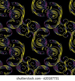Floral seamless pattern. Black background with colorful  swirl embroidery flowers, curve  leaves and grunge neckline ornaments. Vector  texture for prints, fabric, wallpapers, textile.