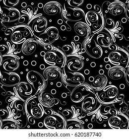 Floral seamless pattern. Black background with white swirl line art tracery flowers, circles, leaves and flourish ornament. Vector monochrome isolated texture for prints, fabric, wallpapers, textile.