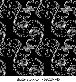 Floral seamless pattern. Black background with white  swirl embroidery flowers, curve  leaves and grunge neckline ornaments. Vector  texture for prints, fabric, wallpapers, textile.