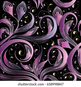 Floral seamless pattern. Black background wallpaper illustration with vintage hand drawn purple 3d  line art tracery paisley flowers, leaves and swirl curve ornaments. Vector  ornamental rich  texture