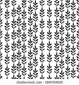 Floral seamless pattern with black branches on white background. Ornament with tropic leaves, sprigs. Vector illustration for fabric, textile, wallpaper, posters, paper. Fashion print. Doodle style.