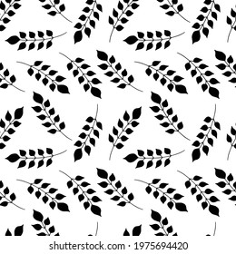 Floral seamless pattern with black branches on white background. Ornament with tropic leaves, sprigs.