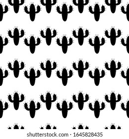 Patrón floral sin fisuras con silueta de cactus negro sobre fondo blanco. Doodles estilo caricatura. Ilustración vectorial para tela, textil, papel pintado, tela. Diseño de ahogamiento manual.