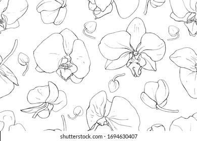 Floral seamless pattern with black contour flowers orchid on white background. Hand drawn. Outline tropical plants for design, textile, print, wallpapers, wrapping paper. Vector stock illustration.