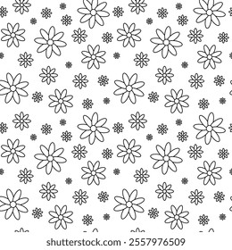 Floral Seamless Pattern. Black contour flower silhouettes, isolated on a white background. Simple geometric shapes. Backgrounds, wallpapers, surface design, textile, fabric, print, papers, web,napkins