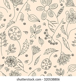 Floral seamless pattern with black contours of wild flowers leaves and butterflies on beige background