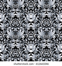 Floral seamless pattern. Black elegant background with silver white vintage antique swirl  3d leaves and flowers. Flourish ornaments. Vector texture for prints, wallpapers, textile, fabric.
