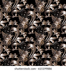 Floral seamless pattern. Black flourish background wallpaper illustration with vintage gold 3d flowers, swirl line art leaves, butterflies and damask ornaments. Vector luxury surface texture.
