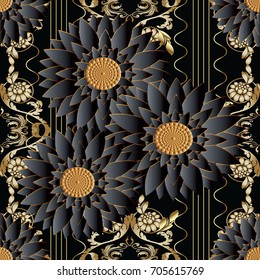Floral seamless pattern. Black flourish striped background wallpaper illustration with black abstract 3d flowers, vertical lines, waves and gold baroque ornaments. Vector endless surface texture 