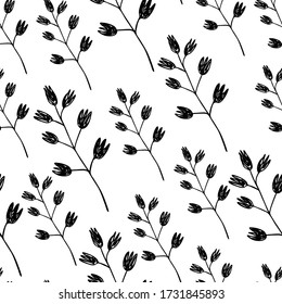 Floral seamless pattern with black flowers on white background. Outline tropic ornament. Vector illustration for fabric, textile, wallpaper, posters, paper. Fashion print. Doodle style. 